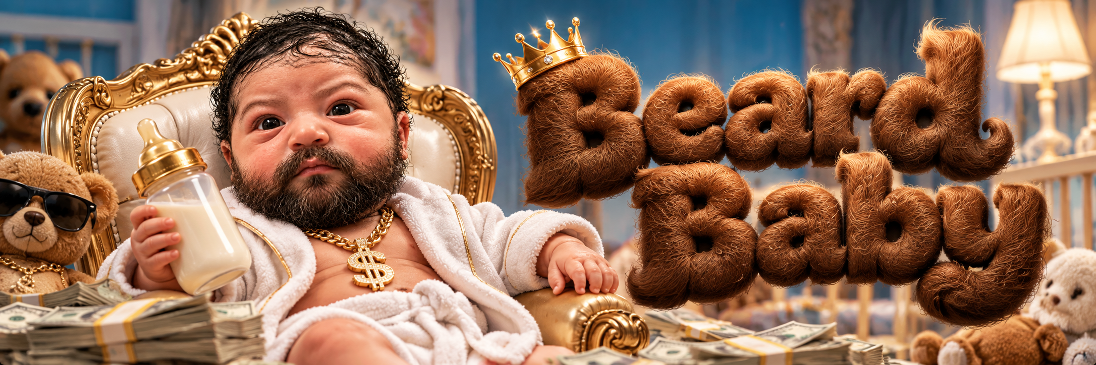 Beard Baby on an ornate golden throne in a blue royal nursery, in a white gold-trimmed robe and gold chain, holding a milk bottle, beside a title spelled out in brown beard hair