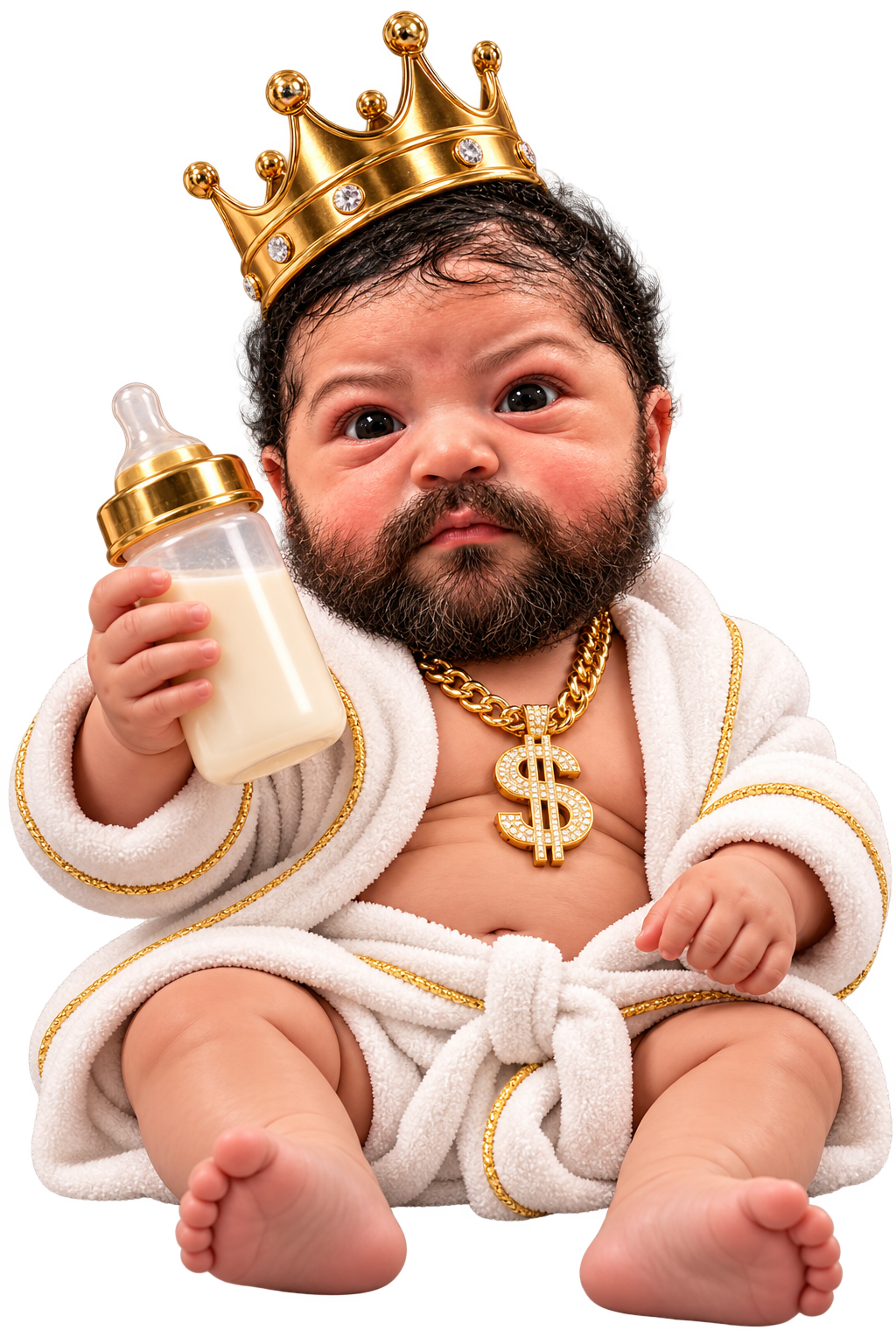 Beard Baby: a baby with an enormous dark beard, wearing a gold crown, a white gold-trimmed bathrobe and a gold dollar-sign chain, holding a milk bottle